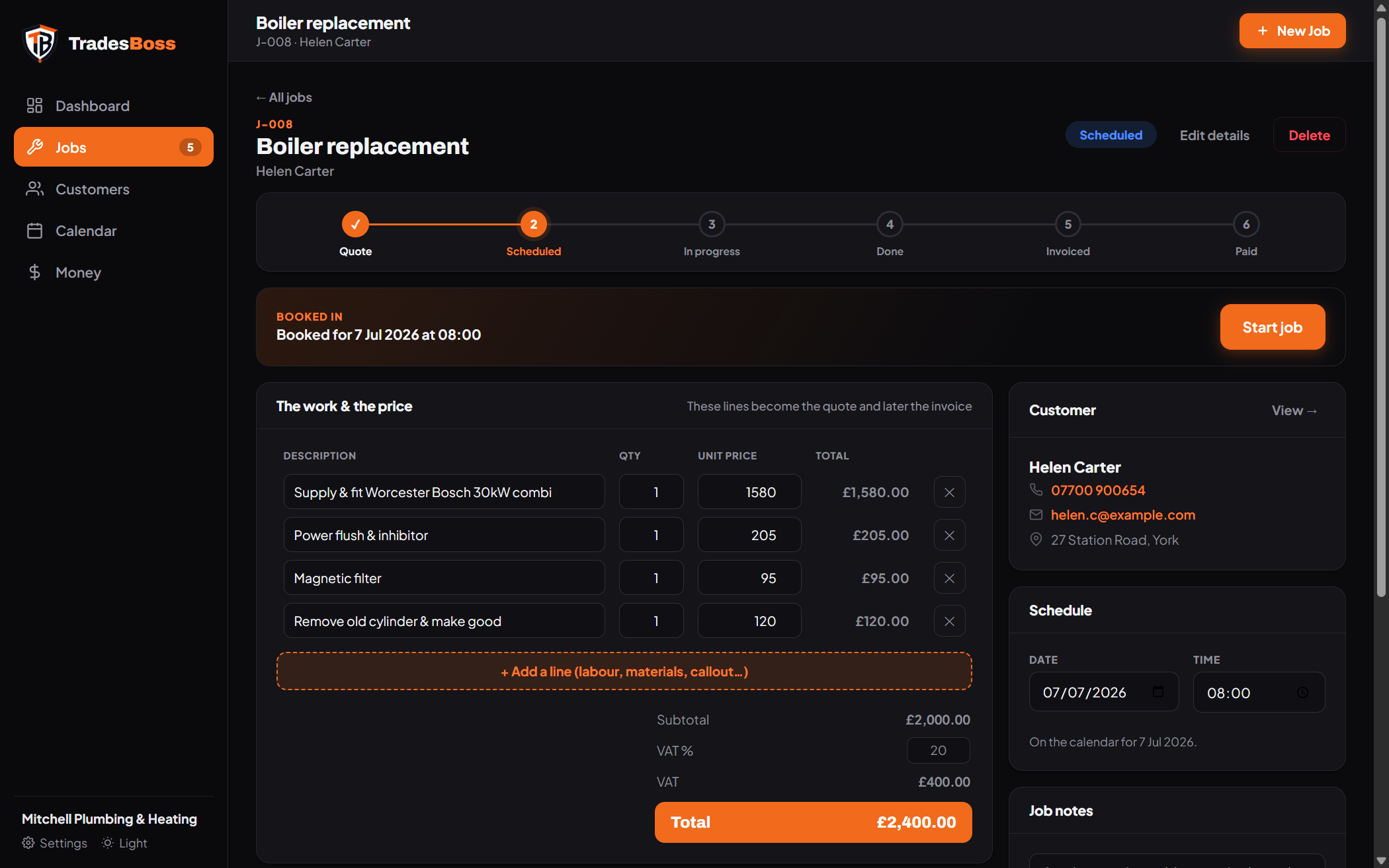 A job in TradesBoss moving through Quote, Scheduled, In progress, Done, Invoiced, Paid